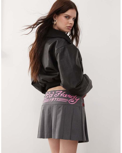 Ed Hardy Gray Skull And Panther Pleated Mini Skort