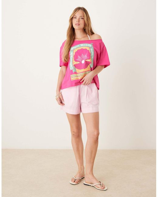 ASOS Pink Oversized Off Shoulder T-shirt With Oyster Shell Graphic