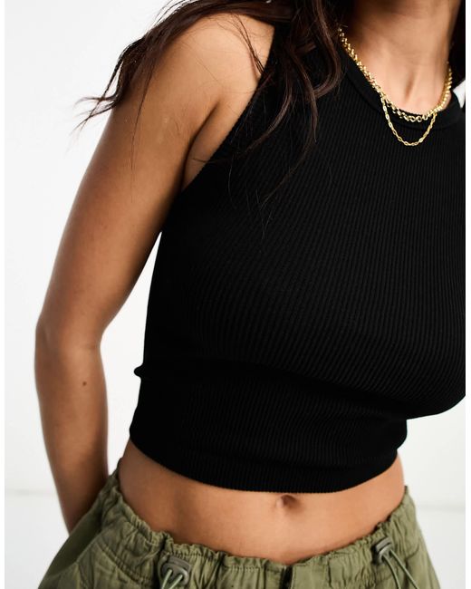 Stradivarius Black High Neck Seamless Ribbed Vest Top