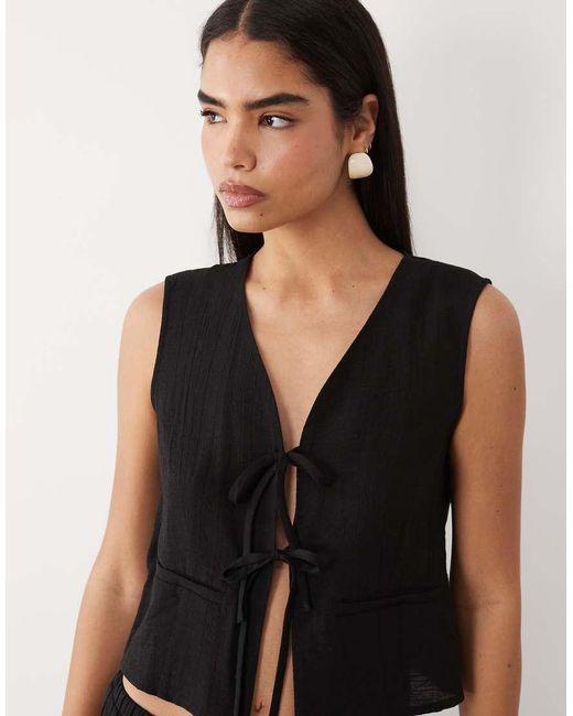 Kaiia Black Exclusive Tie Front Waistcoat Top With Linen