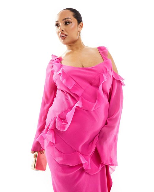 ASOS Pink Asos Design Curve Exclusive Asymmetric Sleeve Maxi Dress With Distressed Ruffle Detail