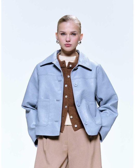 ASOS Blue Leather Look Harrington Jacket