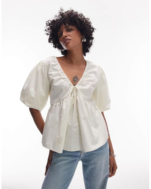 TOPSHOP White Poplin Puff Sleeve Top In
