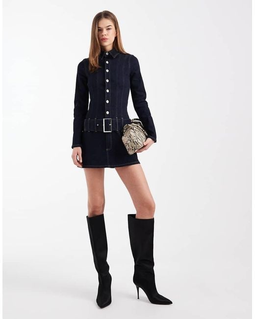 ASOS Blue Denim Drop Waist Belt Detail Mini Dress