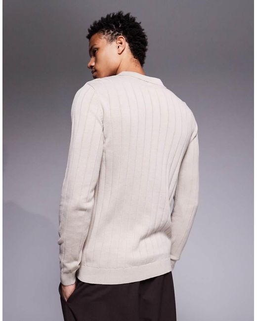 Polo Entallado De Manga Larga De Punto De Canalé De -Neutro ASOS de hombre de color Gray