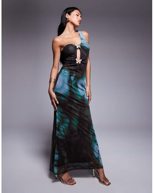 ASOS Blue Mesh Asymmetric One Shoulder Midi Dress With Butterfly Trims
