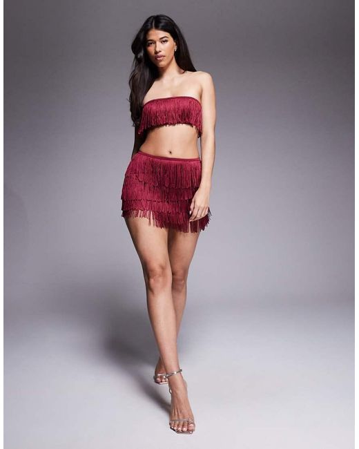 Oh Polly Red Bruma Fringed Bandeau Lace-up Crop Top Co-ord