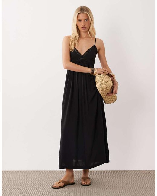 Brave Soul Black Strappy Maxi Dress With Lace Trim