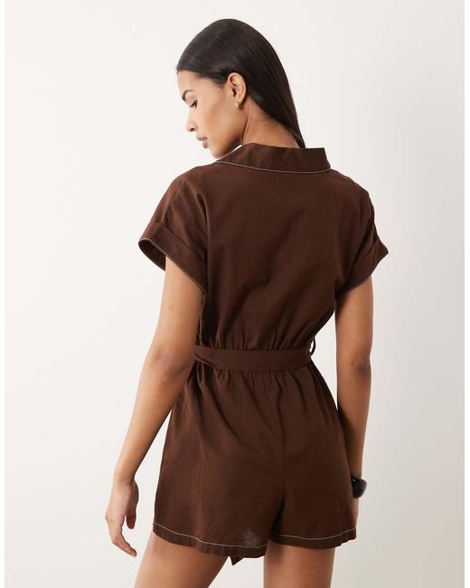 Wednesday's Girl Brown Short Sleeve Tie Waist Playsuit