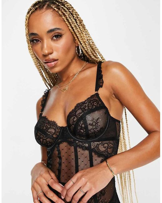Ann Summers Black Sweetheart Lace And Spot Mesh Underwired Bodysuit With Lace Frill Strap Detail