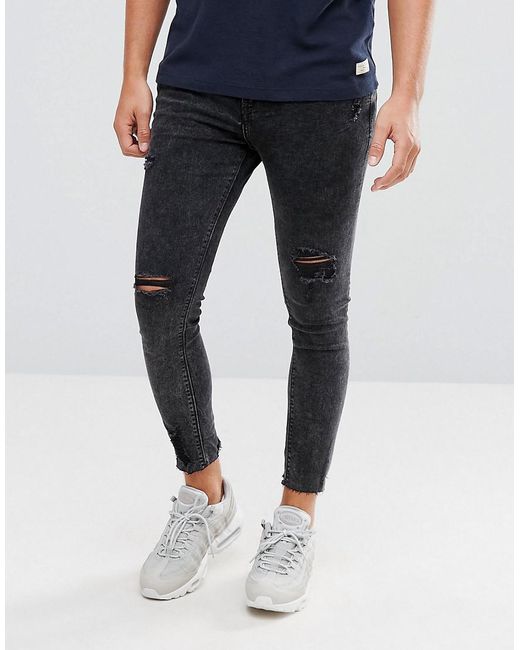Pull&Bear Gray Super Skinny Cropped Jeans With Rips In Washed Black for men