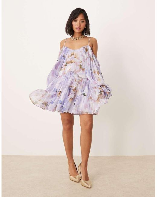 ASOS Purple Asos Design Petite Draped Off Shoulder Tiered Mini Dress With Lace Inserts