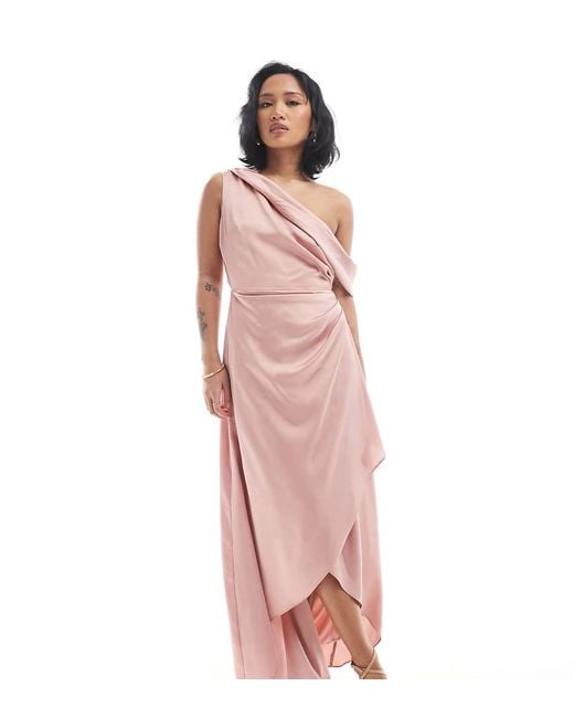 TFNC London Pink Bridesmaid Satin Fallen Shoulder Maxi Dress With Wrap Skirt