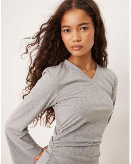 ASOS Gray High V Neck Cinched Side Flare Sleeves Mini Dress