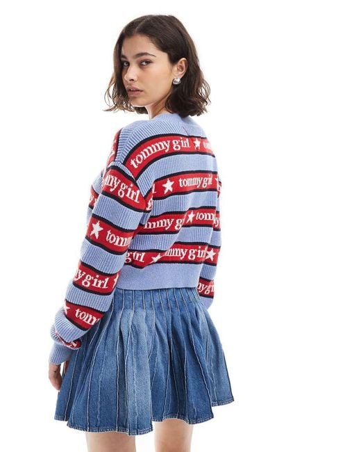 Tommy Hilfiger Blue Tommy Girl Stripe V Neck Jumper