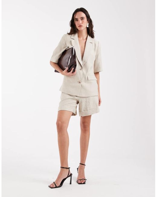 Pieces Natural Short Sleeve Tailored Linen-look Blazer Co-ord