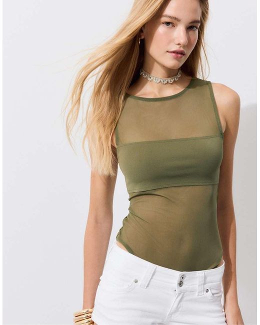 Stradivarius Green Sleeveless Mesh Bodysuit