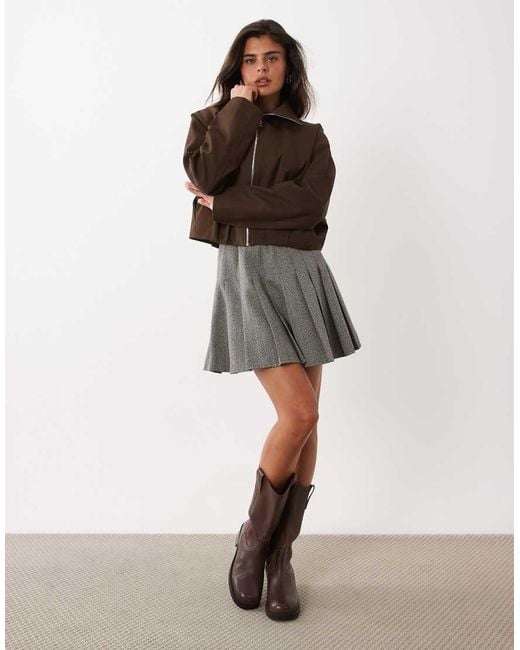 Nobody's Child Brown Herringbone High Rise Pleated Mini Skirt