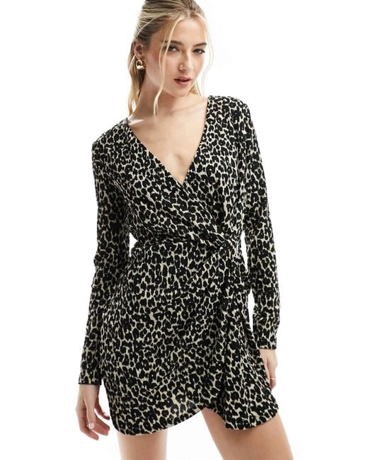 Mango Black Wrap Front Leopard Mini Dress