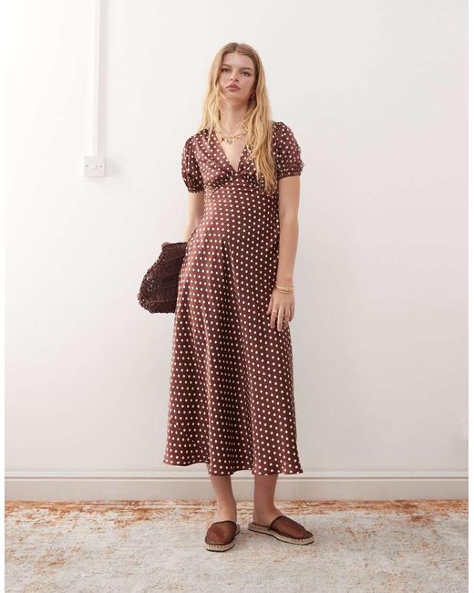 Vestido De Tarde Midi Con Estampado De Lunares, Mangas Abullonadas Y Cordones Cruzados En La Espalda De Reclaimed (vintage) de color Multicolor