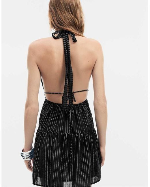 Stradivarius Black Beaded Short Halter Dress