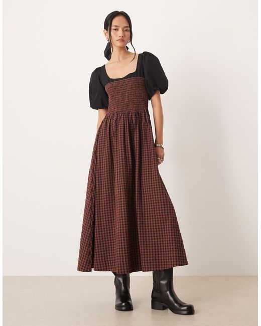ASOS Brown Shirred Bodice Maxi Dress With Puff Sleeve