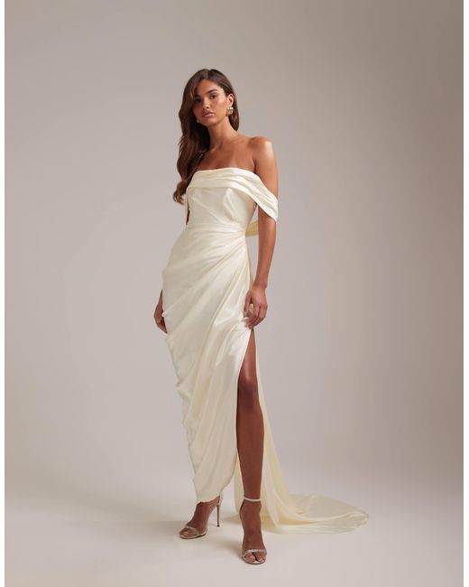 white bridesmaid dresses asos ASOS DESIGN bardot draped satin maxi wedding dress in white