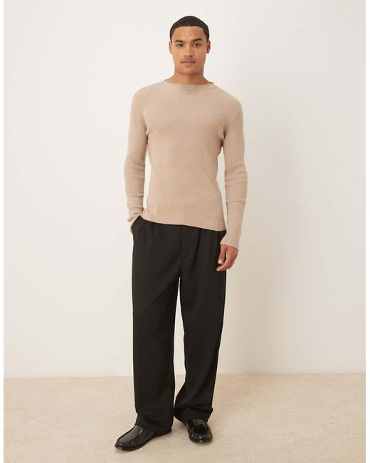 ASOS Natural Muscle Fit Long Sleeve Compact Knit Rib T-shirt for men