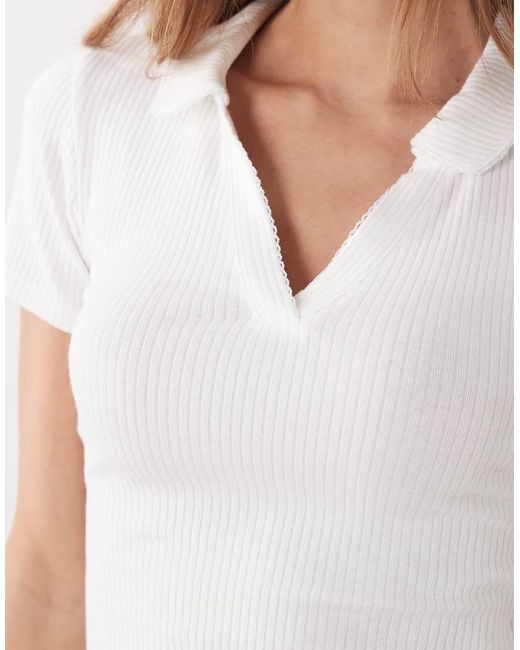 Miss Selfridge White Fitted Rib Polo Top With Picot Stitch