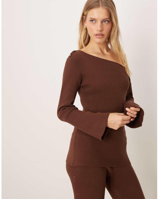 Pretty Lavish Brown Slash Neck Longline Knitted Top Co-Ord