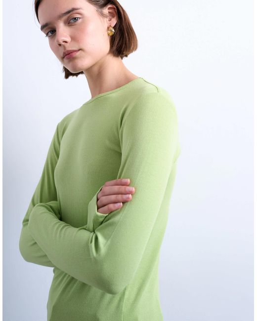 TOPSHOP Green Premium Rib Long Sleeve Top