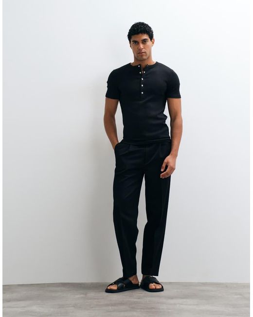 ASOS Black Muscle Fit T-shirt With Henley And Poppers for men