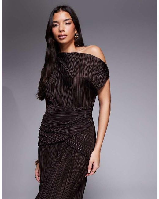 ASOS Brown Plissé Fallen Shoulder Pencil Maxi Dress With Twisted Waist Detailing