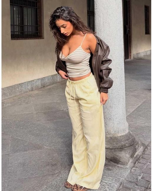 Bershka Metallic Linen Rich Trousers With An Elasticated Waistband
