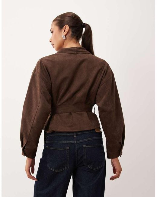 Lioness Brown Ritz Faux Suede Collar Detail Belted Jacket