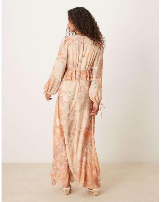 ASOS Pink Long Sleeve Waisted Ruffle Detail Maxi Dress