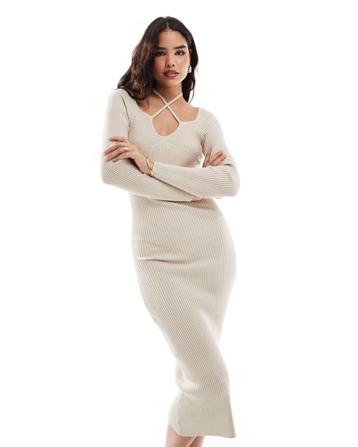 Y.A.S White Yas Ribbed Bodycon Knitted Midi Dress With Tie Neck