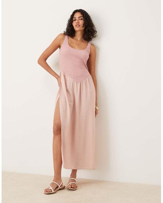 ASOS Pink Textured Bodice Scoop Neck Midi Dress With Drape