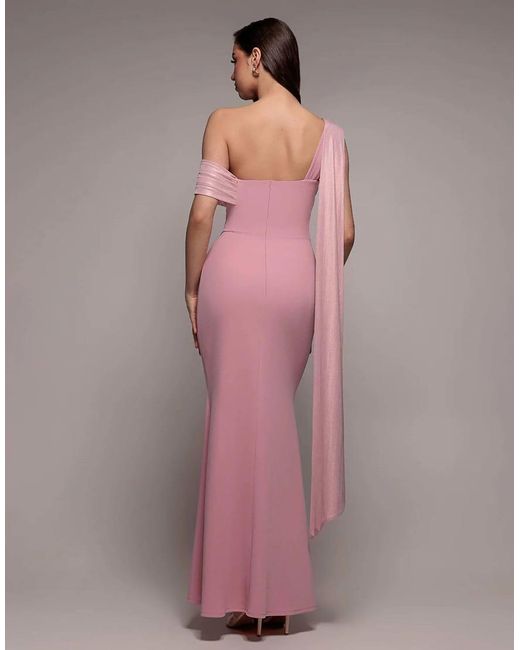 Goddiva Pink Sparkling Pleated Bardot One Shoulder Cape Maxi Dress