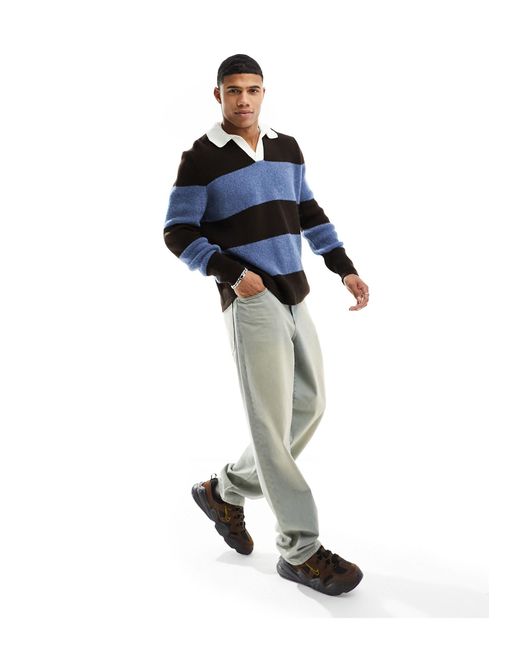 ASOS Blue Knitted Relaxed Rugby Striped Boucle Jumper for men