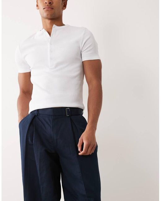 ASOS Blue Linen Rich Tailored Belted Wide Barrel Leg Trousers for men