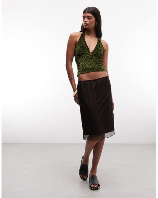 Reclaimed Vintage Green Flocked Mesh Cami Halter Top
