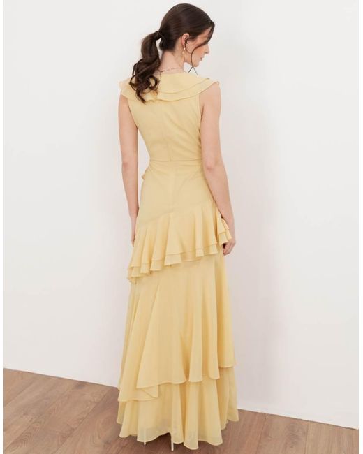 Maya Natural Embellished Asymmetric Ruffle Maxi Dress