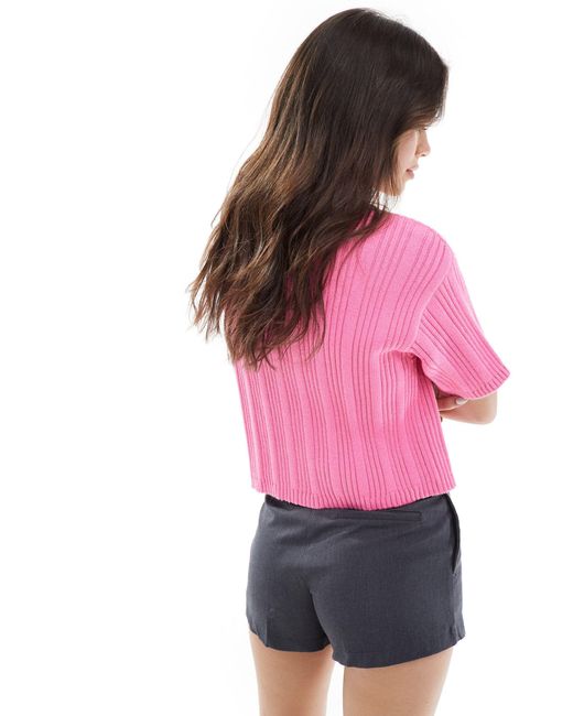 ASOS Pink Pleated Rib Knit Polo Top