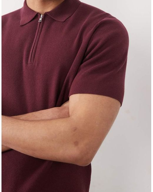 ASOS Red Essential Knitted Cotton Blend Zip Polo for men