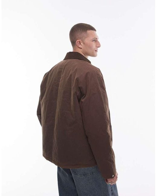 Topman Brown Wax Look Jacket With Faux Fur Collar for men