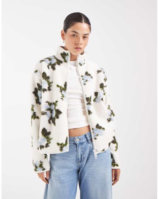 Pieces White Zip Front Floral Print Teddy Jacket