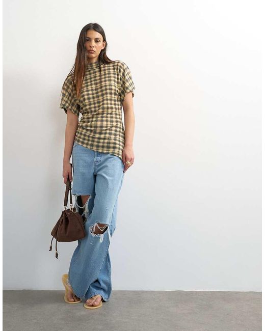TOPSHOP Brown Mesh Check Funnel Tunic Top