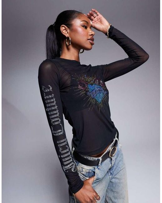Juicy Couture Blue Sacred Heart Embellished Mesh Long Sleeve Top