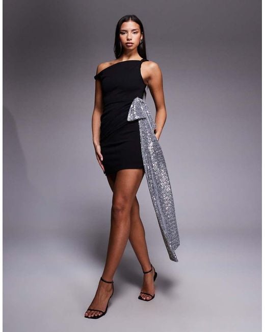 ASOS Blue Crepe Twisted Off The Shoulder Mini Dress With Silver Sequined Bow Side Detail